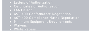 Letters of Authorization
Certificates of Authorization
FAA Liaison
AST-400 Conformance Negotiation
AST-400 Compliance Matrix Negotiation
Minimum Equipment Requirements
Waivers
White Papers